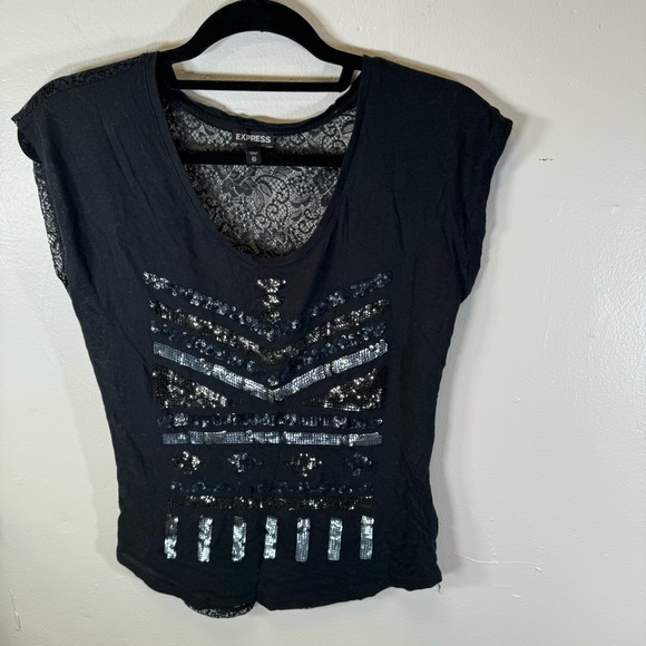 EXPRESS mesh back black tee silver sequin short sleeve XS witchy festival goth - Picture 9 of 9